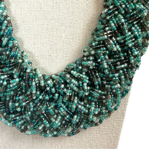 Vintage Women’s Necklace Seed Bead Bib Statement Teal Turquoise Multi 12” Length - Picture 2 of 6